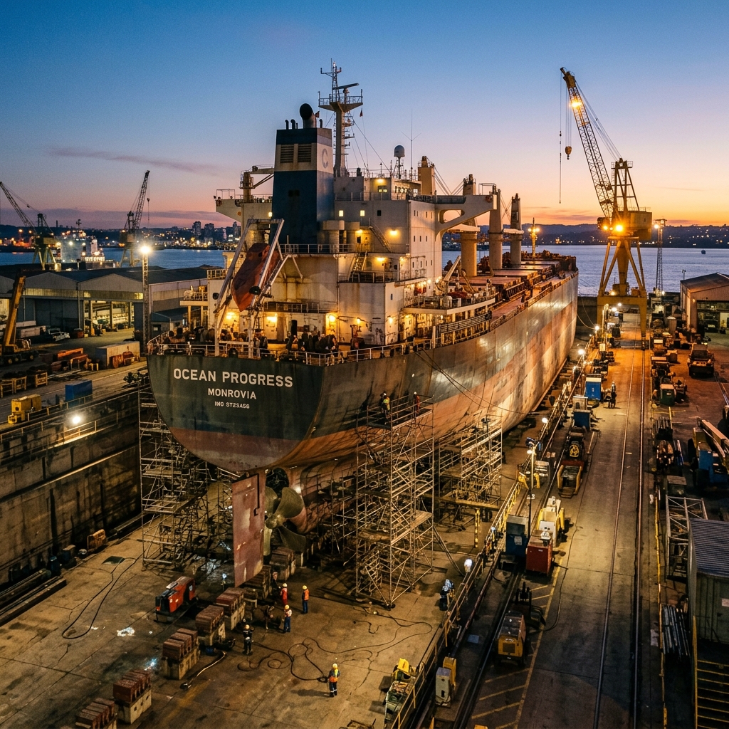 Cargo ship in dry dock