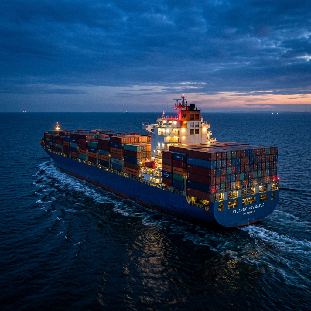 Commercial cargo ship at sea during blue hour